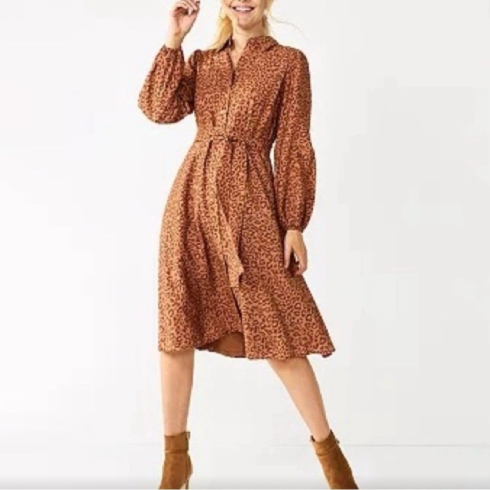 Nine West Leopard Print Long Sleeve Midi Dress Workwear - Size M
